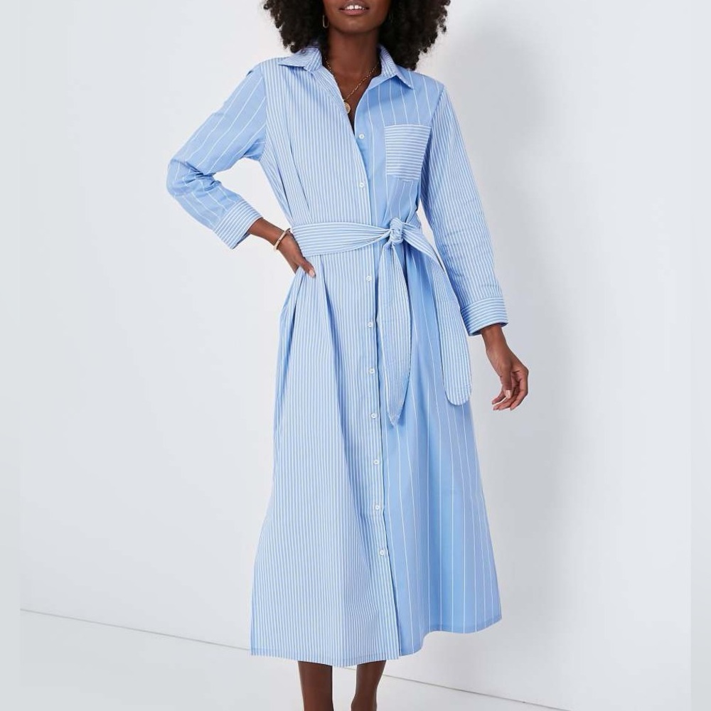 Pomander Place Blue Stripe Chessie Preppy Belted Shirt Maxi Dress